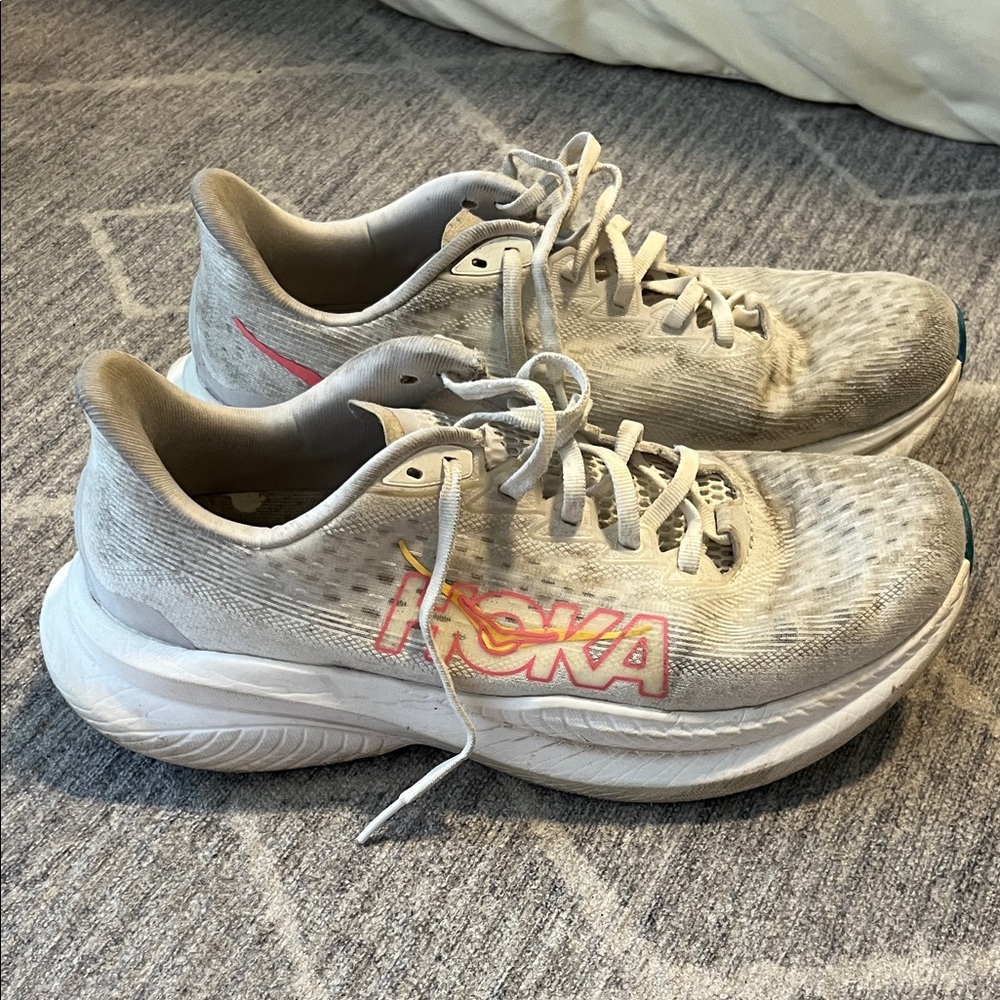 Hoka Women's Neutral Running Shoes in Light Gray with Pink Branding